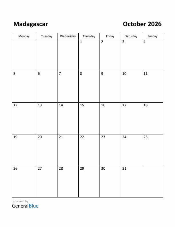 October 2026 Calendar with Madagascar Holidays