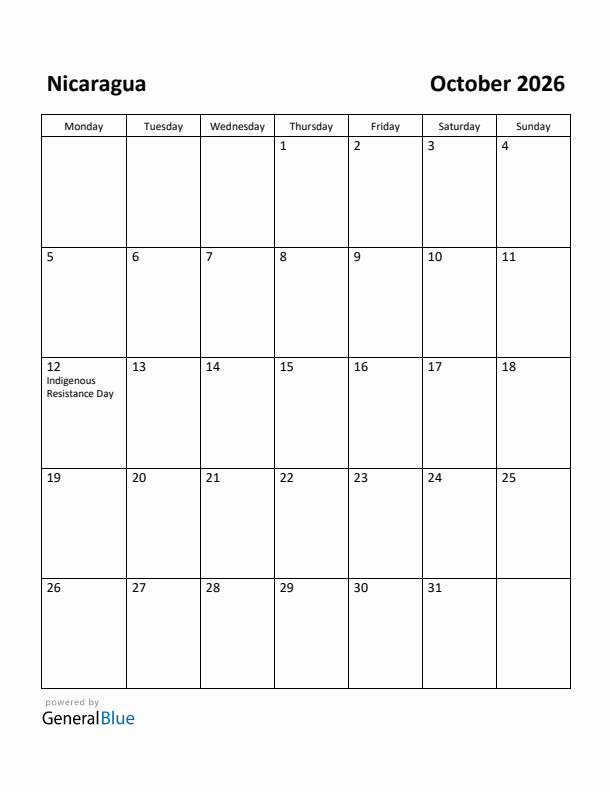 October 2026 Calendar with Nicaragua Holidays