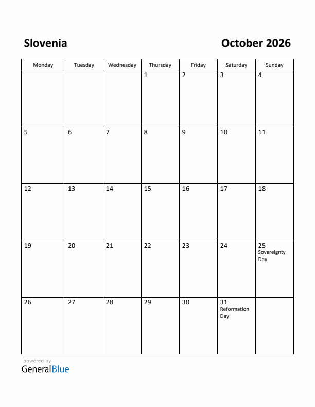 October 2026 Calendar with Slovenia Holidays