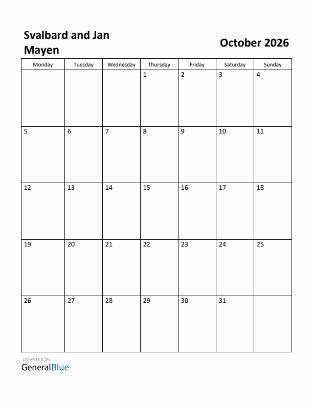 October 2026 Calendar with Svalbard and Jan Mayen Holidays