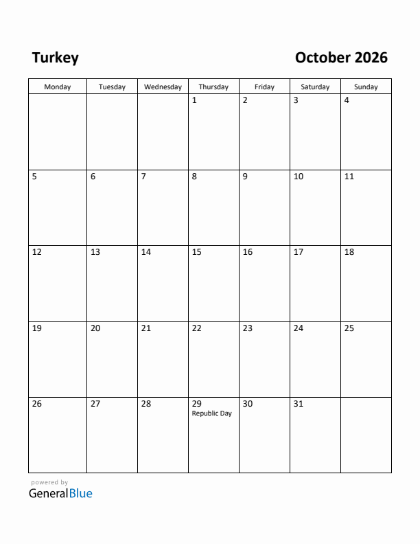 October 2026 Calendar with Turkey Holidays