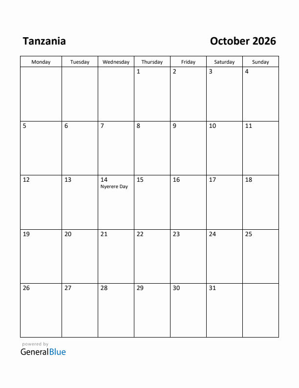 October 2026 Calendar with Tanzania Holidays