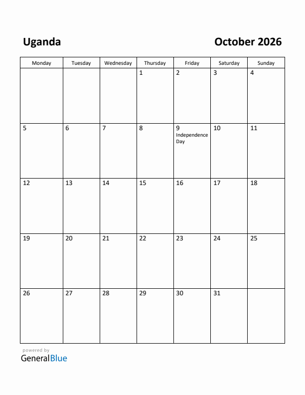 October 2026 Calendar with Uganda Holidays