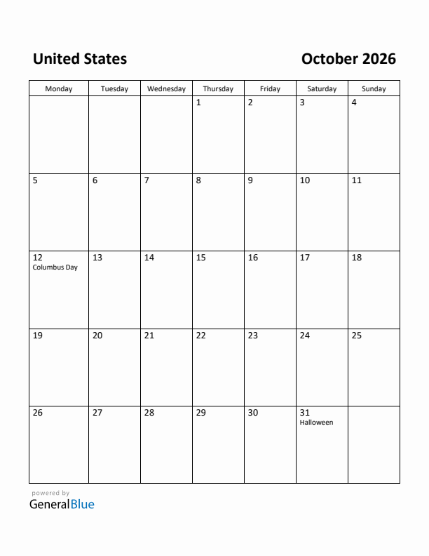 October 2026 Calendar with United States Holidays