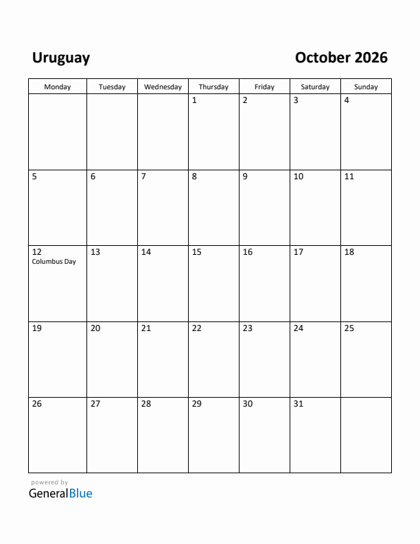 October 2026 Calendar with Uruguay Holidays