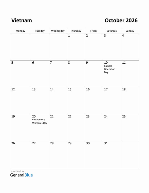 October 2026 Calendar with Vietnam Holidays