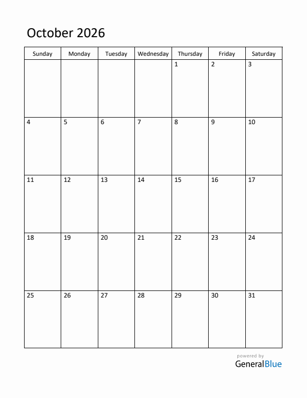 Sunday Start Calendar for October 2026