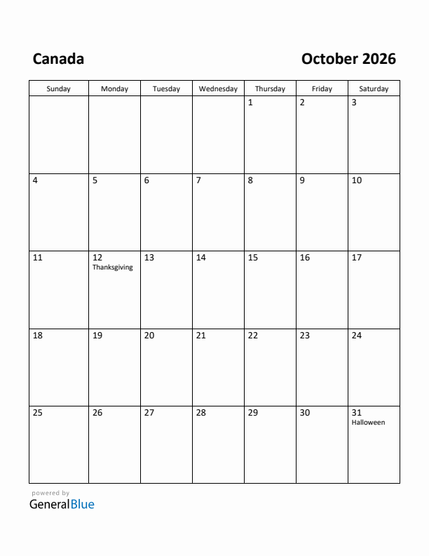 October 2026 Calendar with Canada Holidays