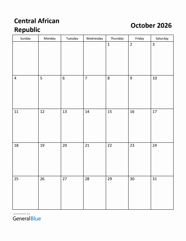 October 2026 Calendar with Central African Republic Holidays