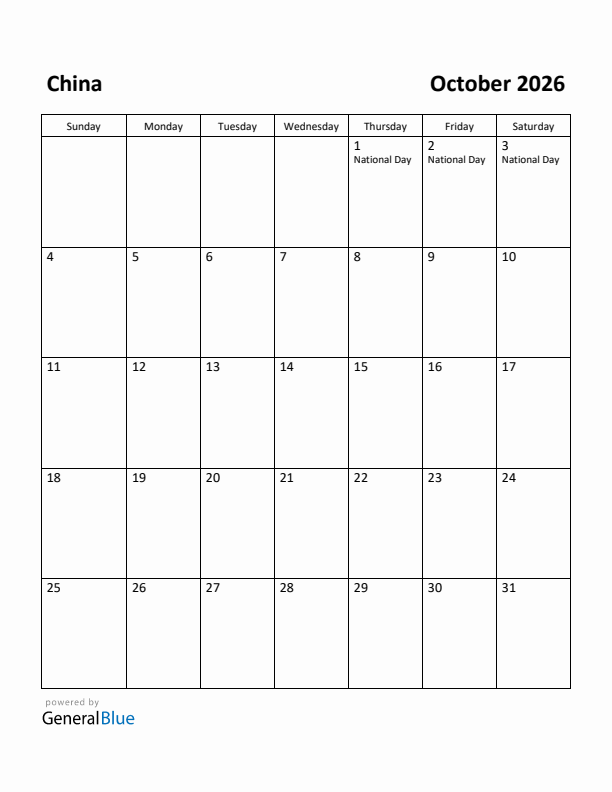 October 2026 Calendar with China Holidays