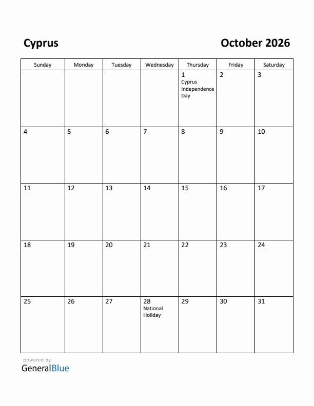 October 2026 Calendar with Cyprus Holidays