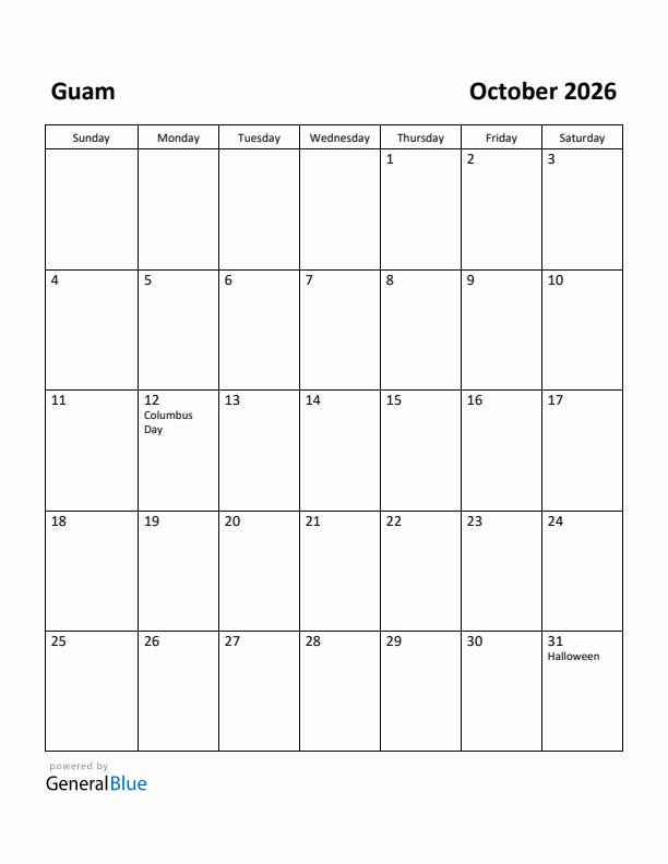 October 2026 Calendar with Guam Holidays