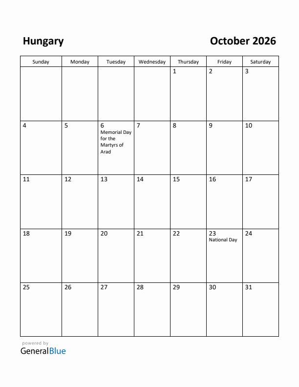 October 2026 Calendar with Hungary Holidays