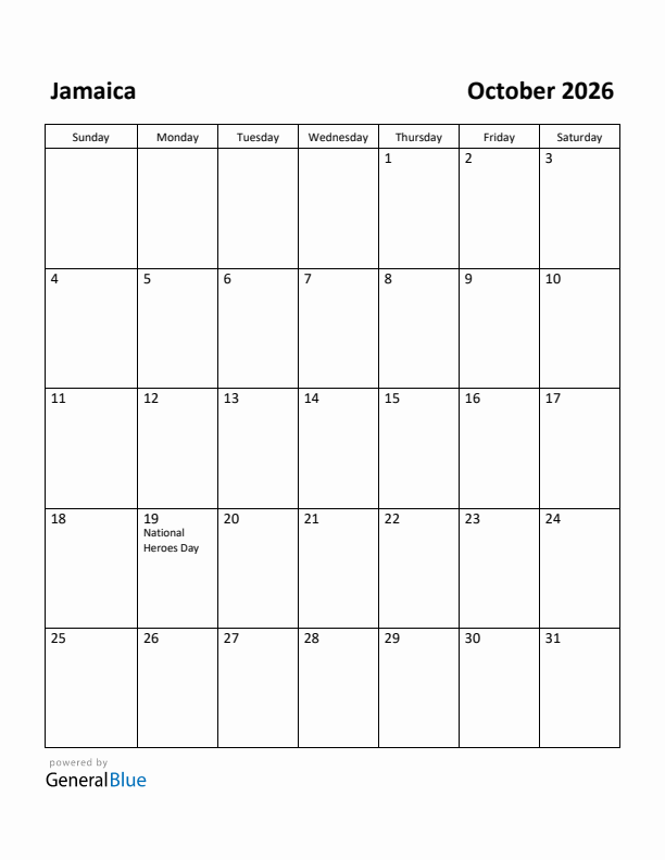 October 2026 Calendar with Jamaica Holidays