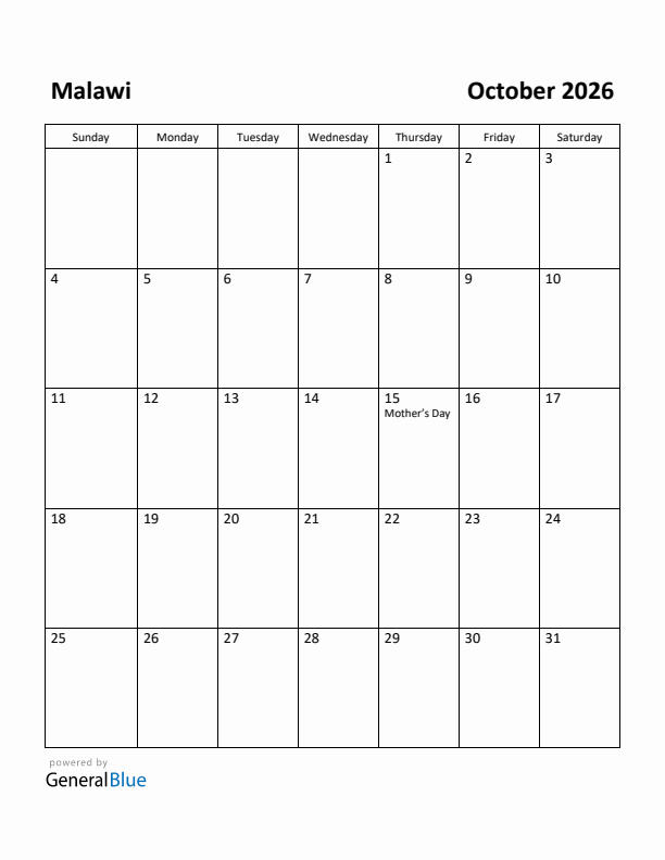 October 2026 Calendar with Malawi Holidays