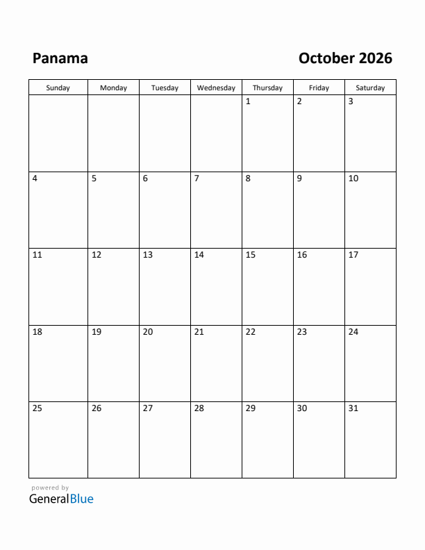 October 2026 Calendar with Panama Holidays