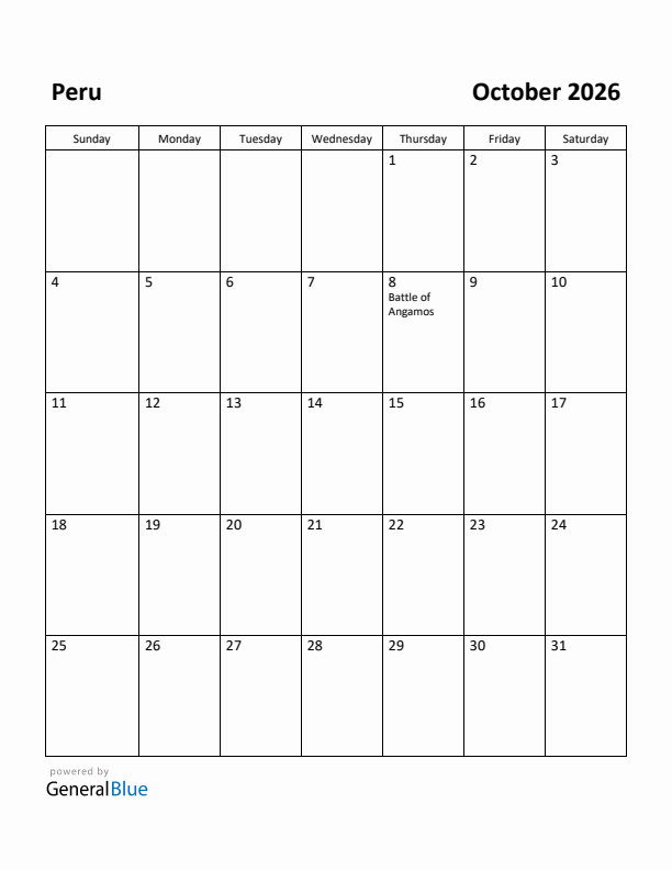 October 2026 Calendar with Peru Holidays