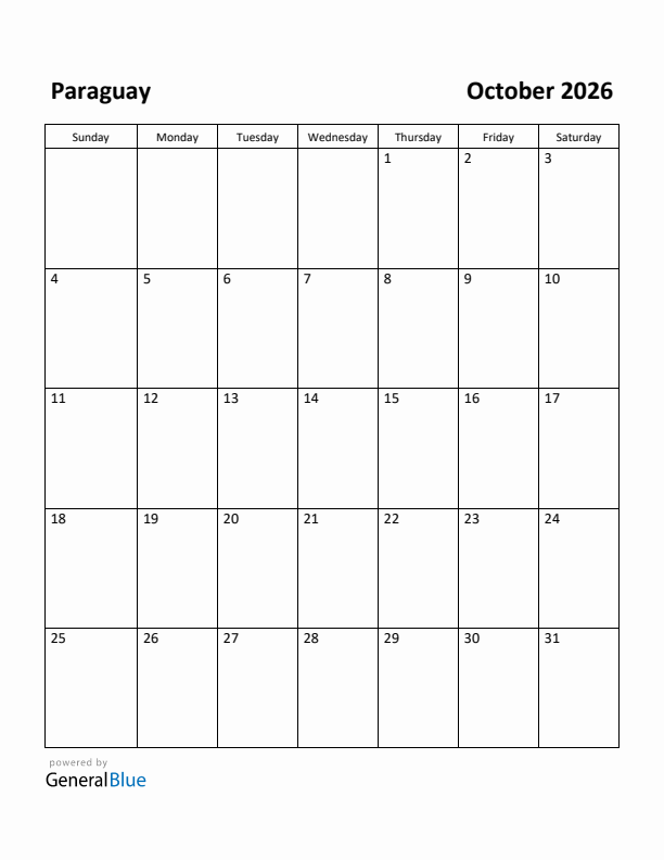 October 2026 Calendar with Paraguay Holidays