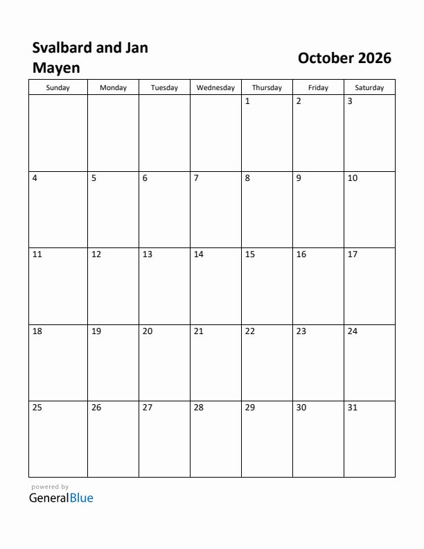 October 2026 Calendar with Svalbard and Jan Mayen Holidays