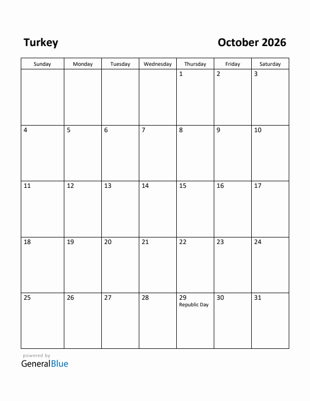 October 2026 Calendar with Turkey Holidays