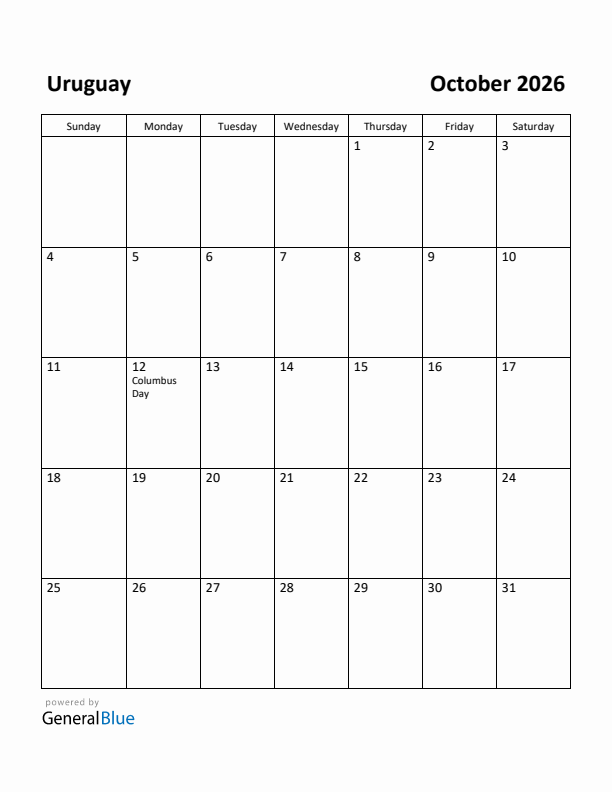 October 2026 Calendar with Uruguay Holidays