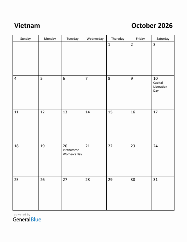 October 2026 Calendar with Vietnam Holidays