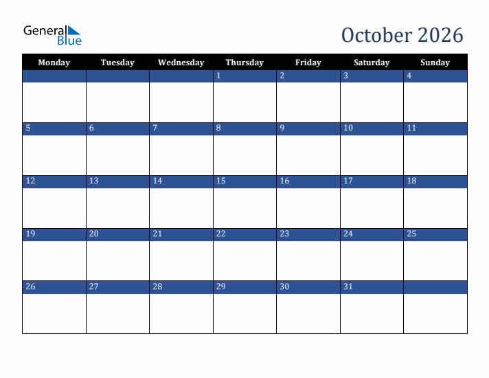 Monday Start Calendar for October 2026