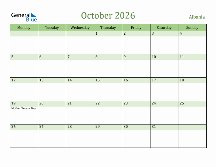 October 2026 Calendar with Albania Holidays