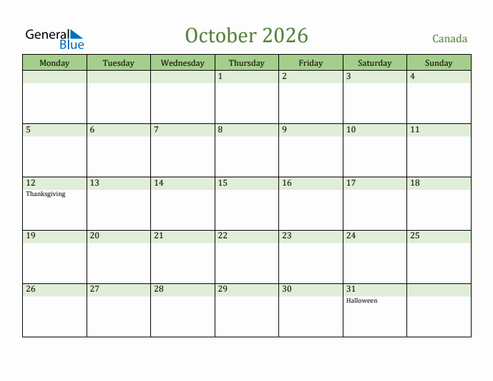 October 2026 Calendar with Canada Holidays