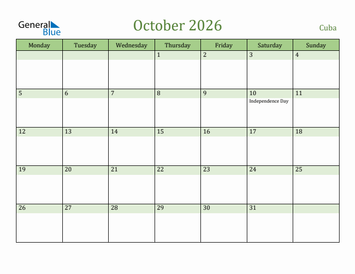 October 2026 Calendar with Cuba Holidays