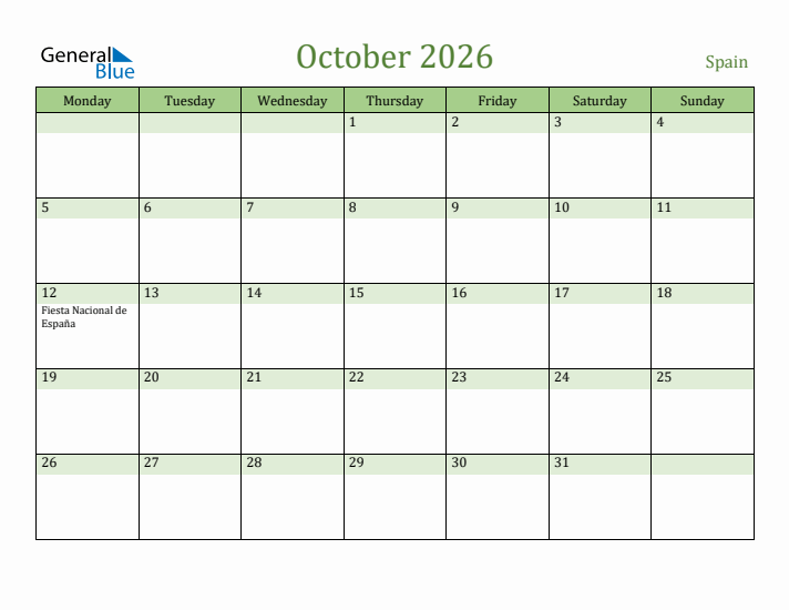 October 2026 Calendar with Spain Holidays