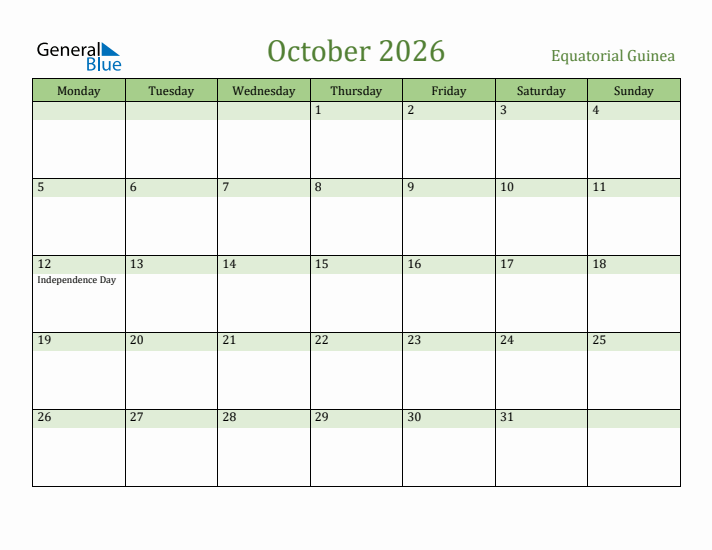 October 2026 Calendar with Equatorial Guinea Holidays