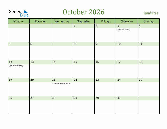 October 2026 Calendar with Honduras Holidays