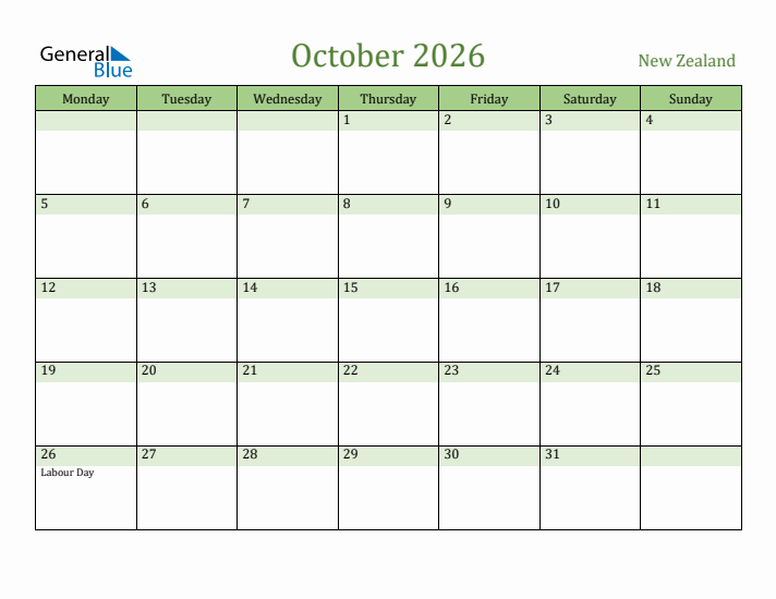 October 2026 Calendar with New Zealand Holidays