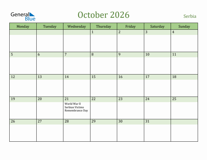 October 2026 Calendar with Serbia Holidays