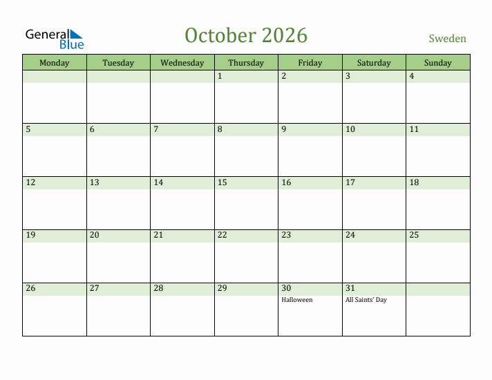 October 2026 Calendar with Sweden Holidays