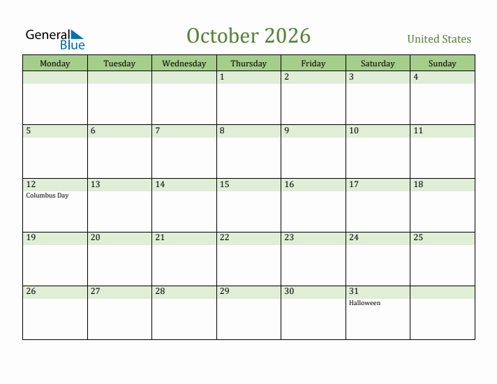 October 2026 Calendar with United States Holidays