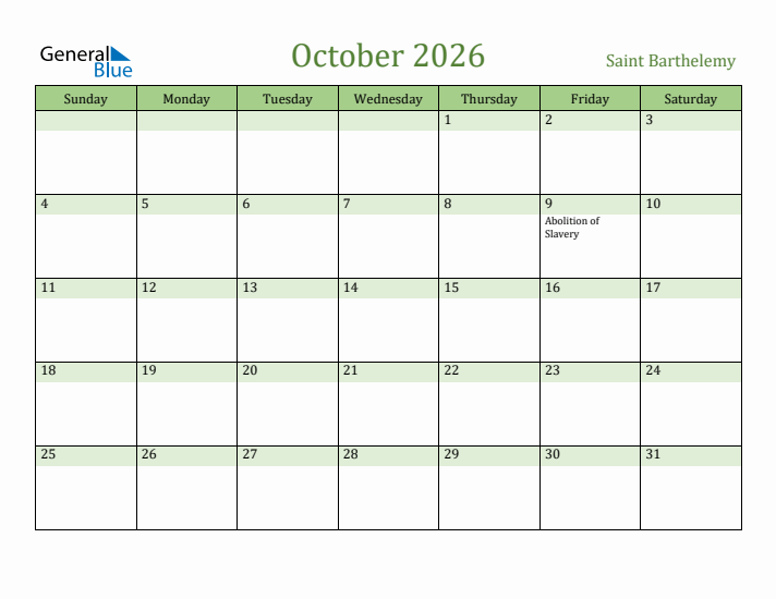 October 2026 Calendar with Saint Barthelemy Holidays