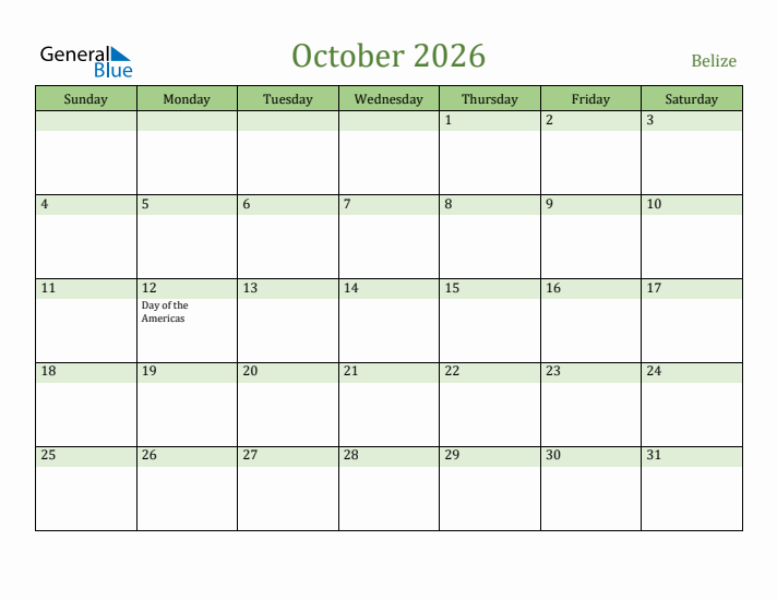 October 2026 Calendar with Belize Holidays