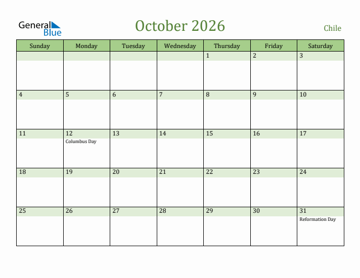 October 2026 Calendar with Chile Holidays