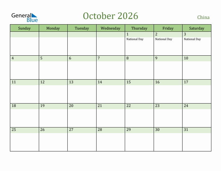 October 2026 Calendar with China Holidays