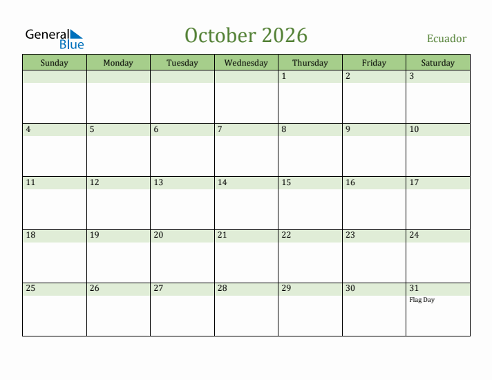 October 2026 Calendar with Ecuador Holidays