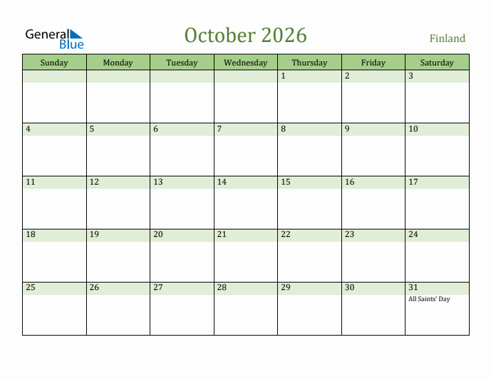 October 2026 Calendar with Finland Holidays