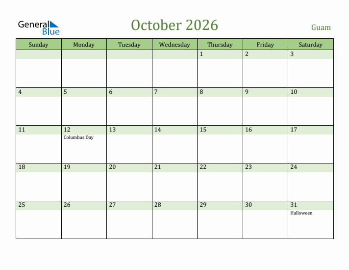 October 2026 Calendar with Guam Holidays