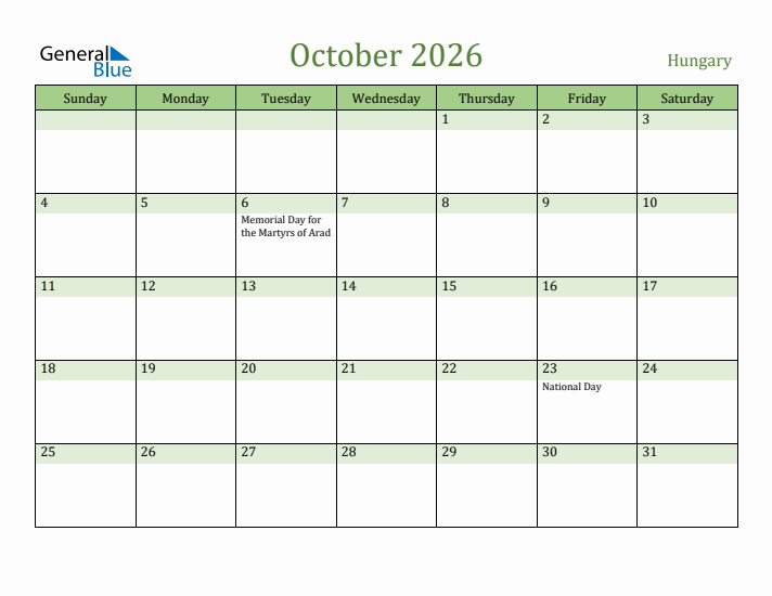 October 2026 Calendar with Hungary Holidays