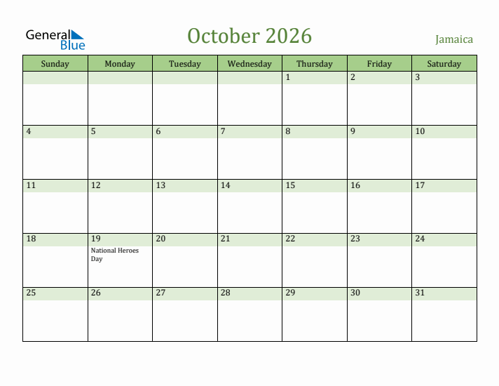 October 2026 Calendar with Jamaica Holidays