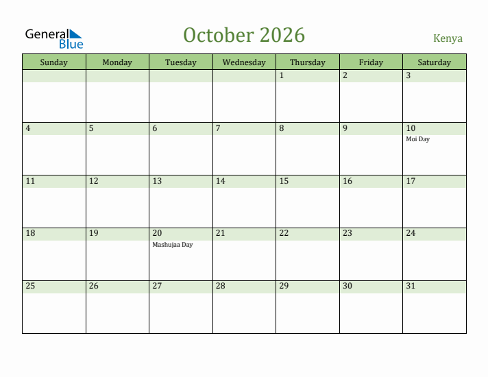 October 2026 Calendar with Kenya Holidays