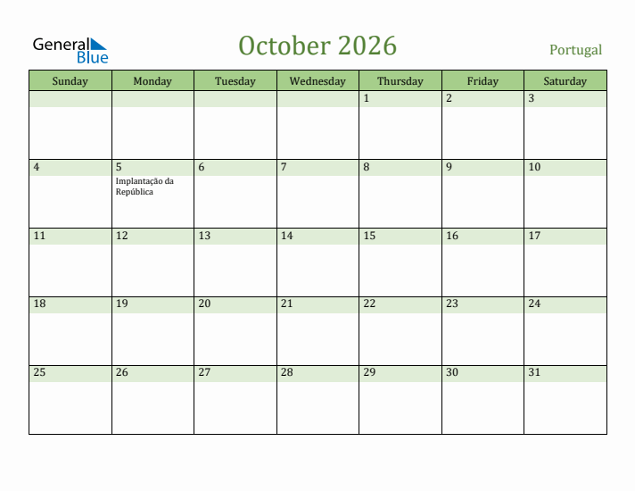 October 2026 Calendar with Portugal Holidays