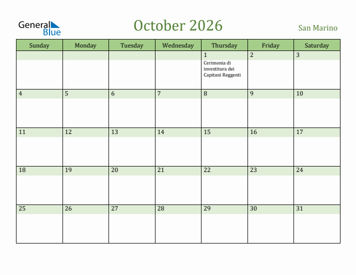 October 2026 Calendar with San Marino Holidays