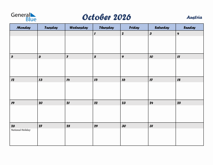 October 2026 Calendar with Holidays in Austria